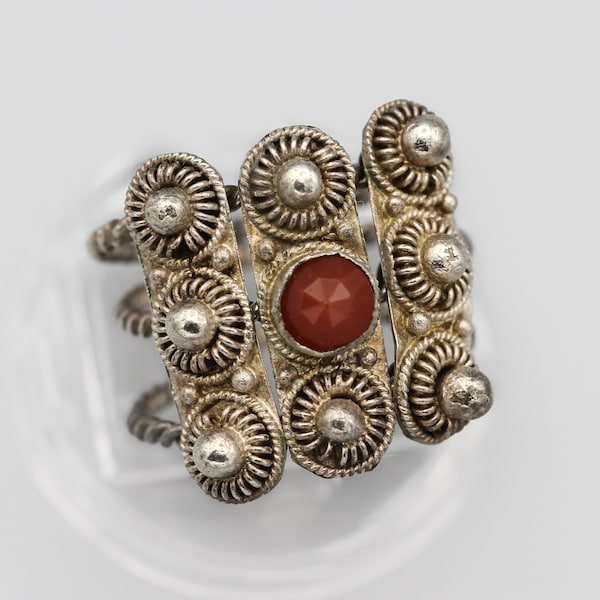 RARE Antique Etruscan Flowers Ring Size 6.5, 925 Sterling Silver, Red Glass Stone, Ethnic Granulated Ball Ring, Articulated Filigree Ring