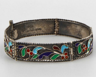 1000 Silver And Colorful Enamel Panel Bracelet, Antique 1940s Greek Pure Silver Bracelet, Leaves Berries Cloisonne Enamel, Byzantine Revival