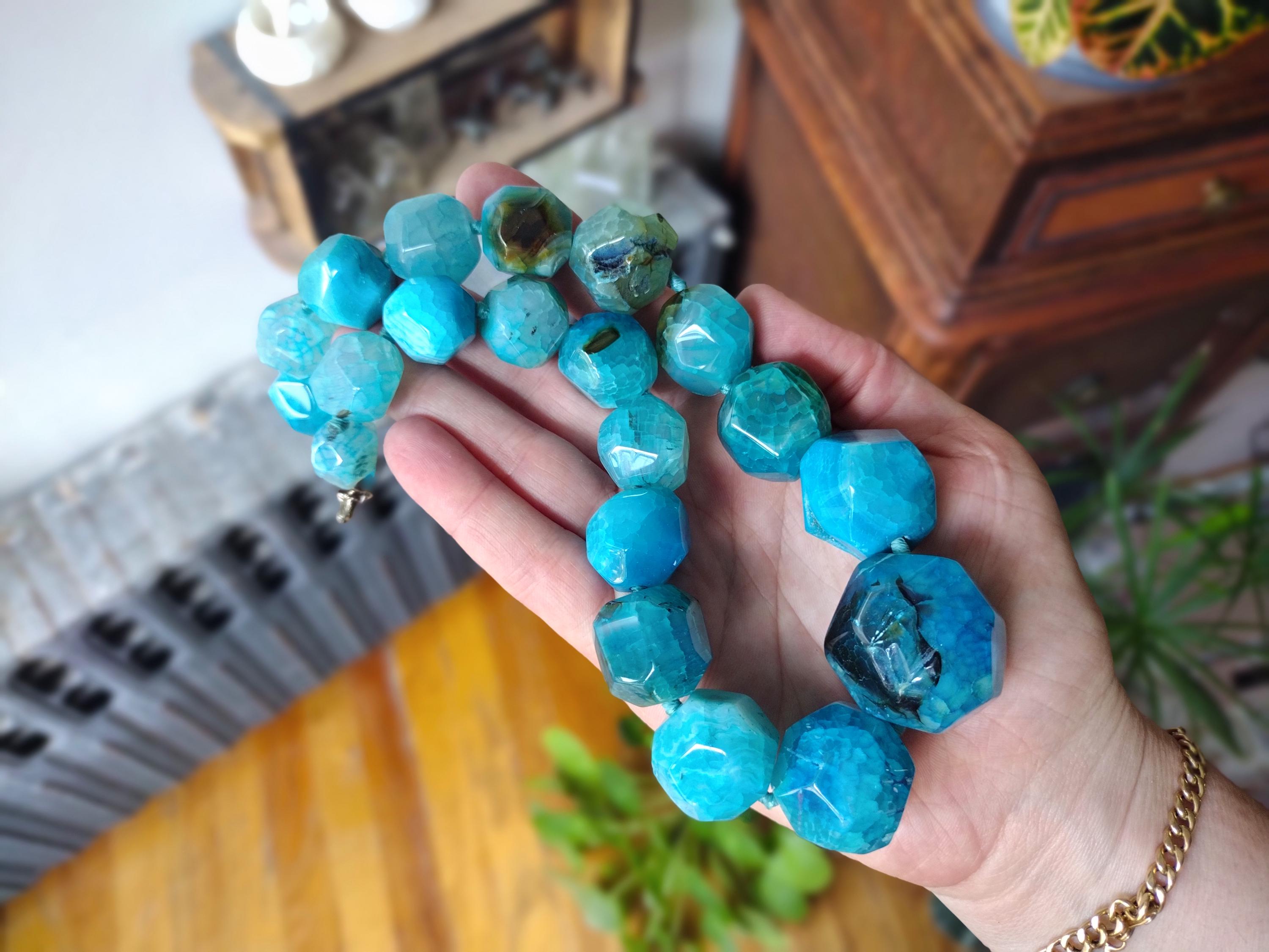 Faceted Dragon Vein Blue Agate Graduated Statement Necklace, LUC
