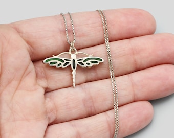 Collar con colgante de libélula de plata de ley y esmalte, colgante de insecto pequeño de plata 925, esmalte verde azulado, collar delicado con forma de luciérnaga, joyería moderna