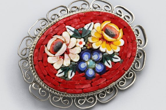 Pair Of Inlaid Micro Mosaic Brooches Pins, Floral… - image 6