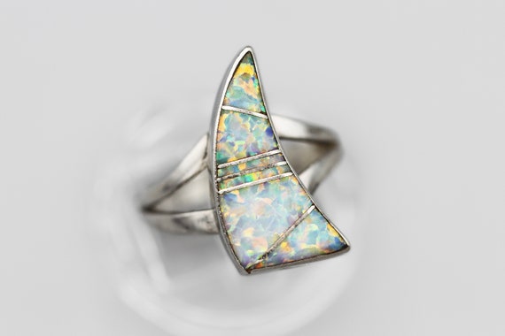 Sterling Opal Inlay Ring Size 7.5, 925 Silver Triangle Ring, White 