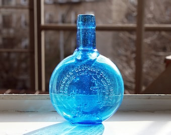 1973 Clevenger Brothers Glass Works Blue Bottle, American Made Hand Blown Turquoise Glass Bottle, Vintage Clayton NJ Mouthblown Glass Bottle