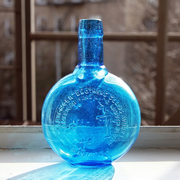 1973 Clevenger Brothers Glass Works Blue Bottle, American Made Hand Blown Turquoise Glass Bottle, Vintage Clayton NJ Mouthblown Glass Bottle