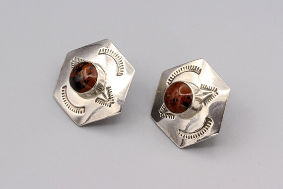 Large Hexagon Mahogany Obsidian Earrings, 925 Ster