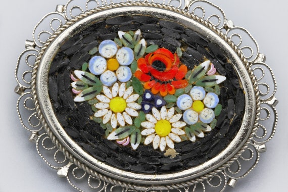 Pair Of Inlaid Micro Mosaic Brooches Pins, Floral… - image 5