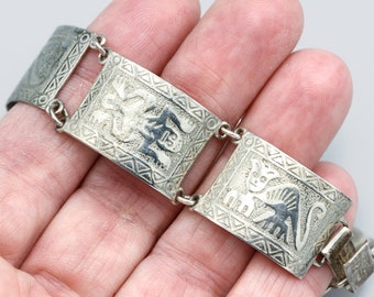 Primitive Animals Etched Panel Link Bracelet, 925 Sterling Silver Wide Links Bracelet, Engraved Cat Lizard Tribal Bracelet, Textured Silver