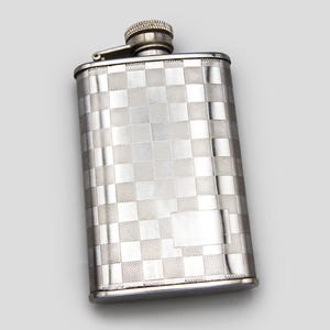 RARE Starwings Stainless Steel Flask, Stamped Plaid Pattern, Made in Spain Whiskey Hip Flask, Checker Board, Weave Design Retro Pocket Flask