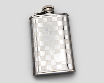 RARE Starwings Stainless Steel Flask, Stamped Plaid Pattern, Made in Spain Whiskey Hip Flask, Checker Board, Weave Design Retro Pocket Flask