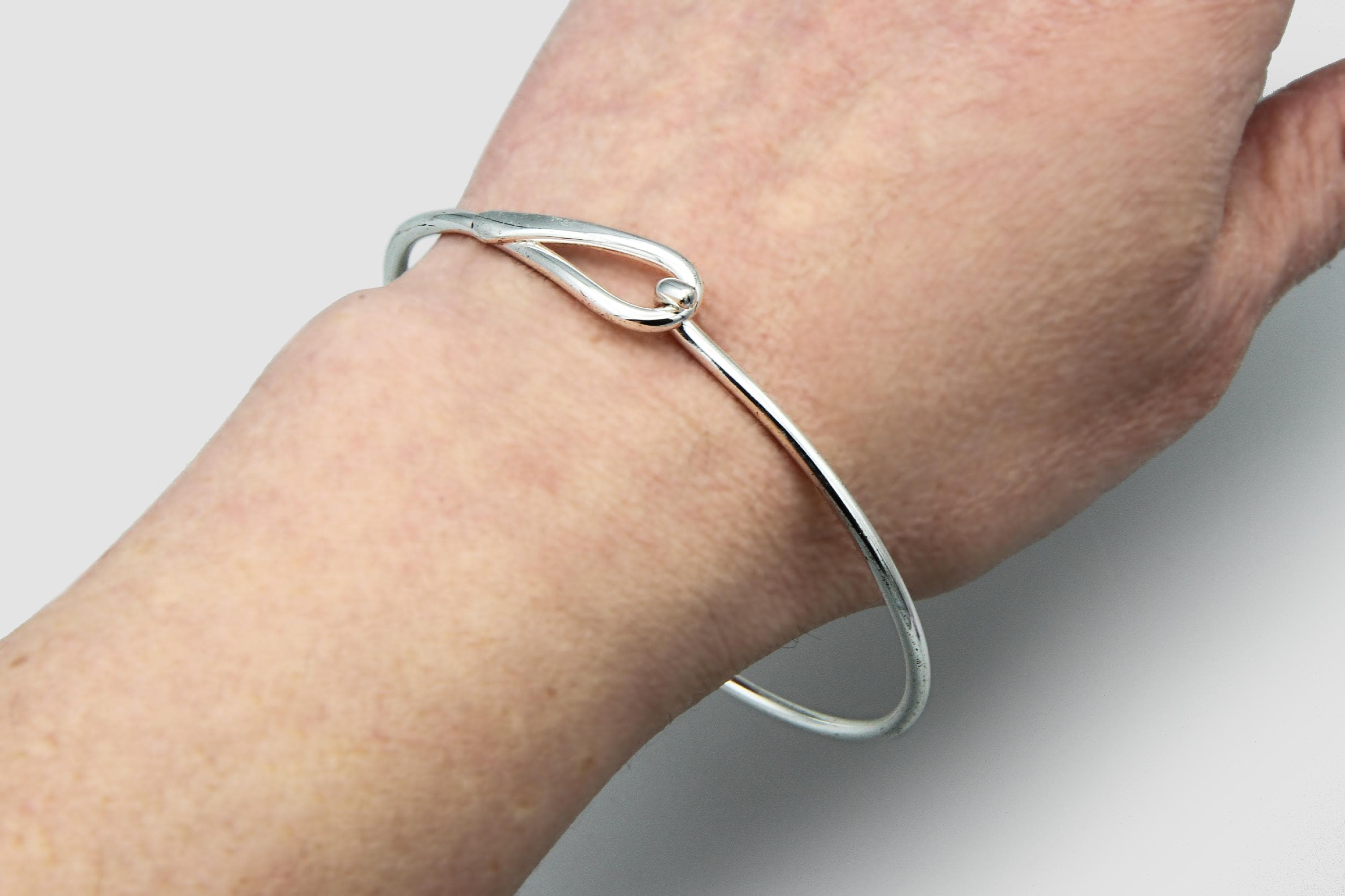 Signed 925 Silver Hook and Eye Bangle, Sterling Silver Thin