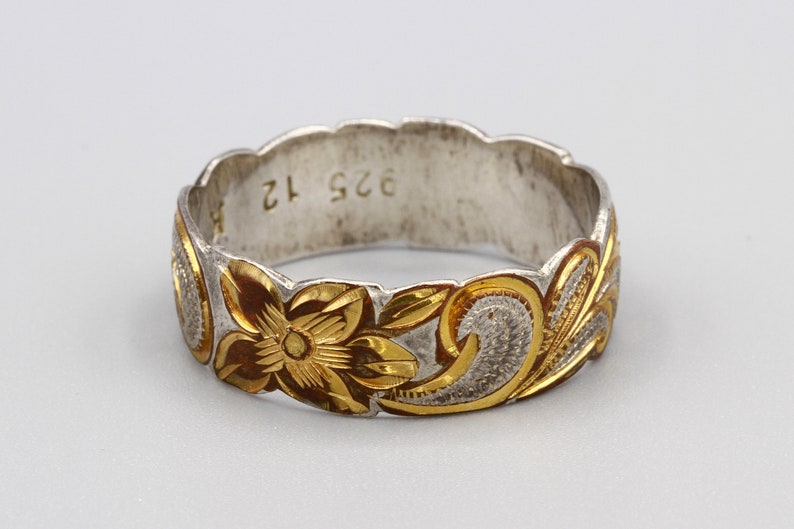 Mens Wedding Ring Hawaiian Flowers Ring Art Nouveau Look 925 Silver And Gold Ring Size 12 Etched Scroll Ring Sterling And 12K Gold