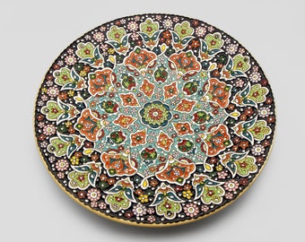 Vintage Middle Eastern Large Hand Painted Dish, Flower Design Minakari Enamel, Arabic Decorative Pottery, Enamel on Clay Wall Hanging Plate
