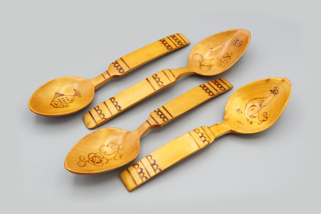 Set of 4 Vintage Wood Spoons, Old Decorative Wooden Spoons, Soviet