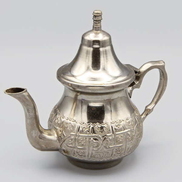 Small Traditional Moroccan Teapot, Engraved Ornate Silver Metal Tea Serving Pot, Hand Hammered With Repousse Coffee Pot, Ornamental Teapot