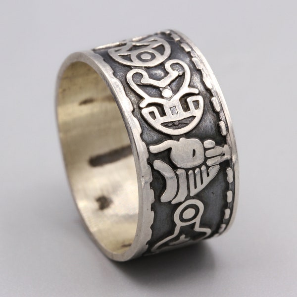 Egyptian Sterling Band Ring Size 6, Hieroglyphic Jewelry, Taxco Mexico 925 Silver Ring, Vintage 1970s Cigar Band Ring, Story Teller Ring