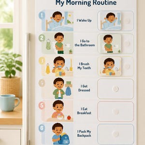 Può includere: Una tabella magnetica bianca per la routine mattutina con sei passaggi numerati e illustrazioni di un bambino che svolge compiti quotidiani. Il testo include My Morning Routine, I Wake Up, I Go to the Bathroom, I Brush My Teeth, I Get Dressed, I Eat Breakfast e I Pack My Backpack.