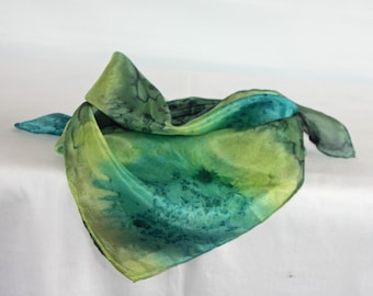 Peacock Blue, Lime and Dark Green Square Silk Scarf, Silk Bandanna, Silk Facemask, gift boxed scarf