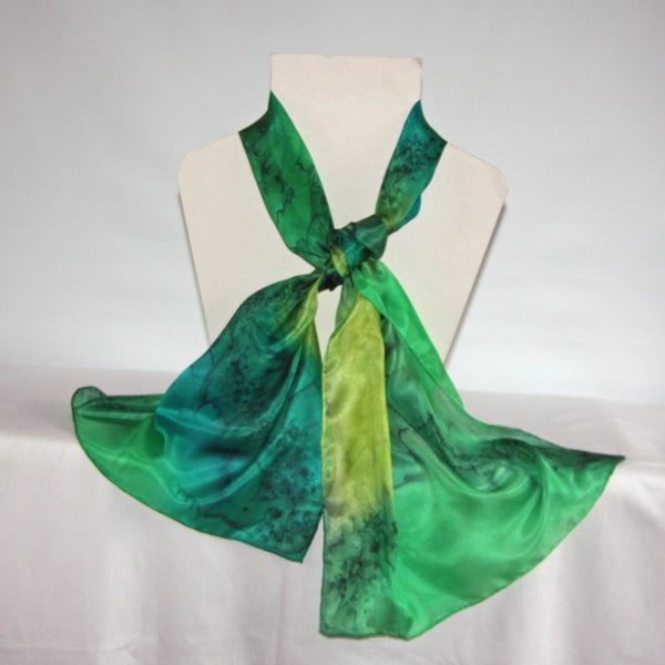 Dark Green, Spring Green, Lime Green and Emerald Green hand dyed Long Silk Scarf, gift boxed scarf