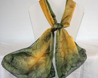 Olive Green and Golden Yellow Hand dyed long Silk Scarf, silk necktie, gift boxed scarf