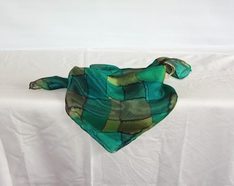 Dark Green, Spring Green and Lime Green Square Tartan Silk Scarf, Silk Bandanna, Silk Face mask, gift boxed scarf