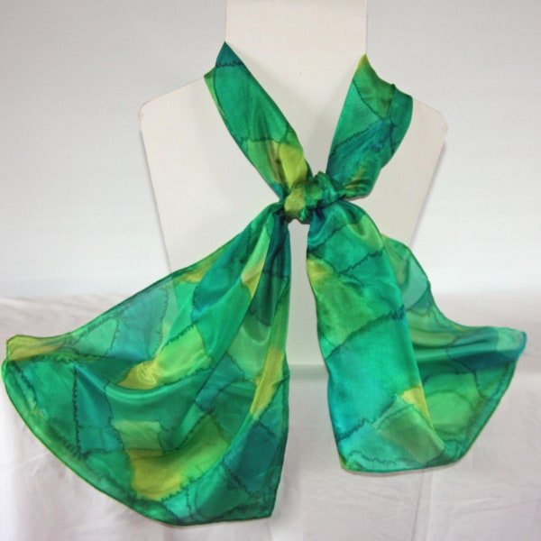 Lime Green, Emerald Green and Spring Green Tartan Pattern Long Silk Scarf, hand washable silk, gift boxed scarf