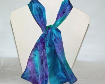 Emerald Green Turquoise Blue and Purple Long Silk Scarf, small silk scarf, silk necktie, gift boxed scarf