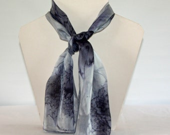 Black and Silver Grey Long Silk Scarf, small long scarf, silk neck tie, gift boxed scarf