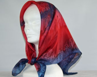 Hand Dyed Red and Navy Blue Square Silk Head Scarf, Silk Necktie, gift boxed scarf