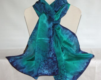Emerald Green and Navy Blue Long Silk Scarf, Silk Shawl, Silk Wrap, gift boxed scarf