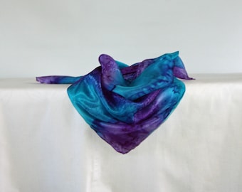 Paarse en turquoise blauwe zijden bandana, zijden gezichtsmasker, sjaal in geschenkverpakking