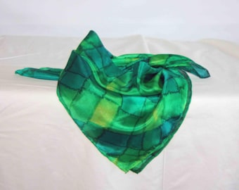 Dark Green, Spring Green and Lime Green Square Tartan Silk Scarf, Silk Bandanna, Silk Face mask, gift boxed scarf