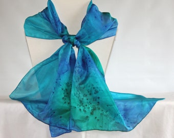 Emerald Green, Royal Blue and Turquoise hand dyed Long Silk Scarf, Silk Necktie, gift boxed scarf