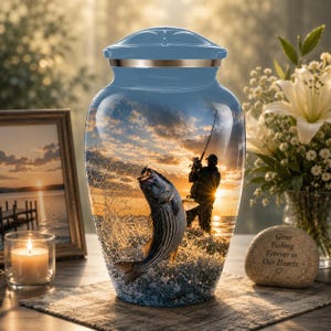 Peut inclure: Une urne funéraire en métal bleu ornée d'une image panoramique représentant une personne à la pêche au coucher du soleil avec un gros poisson sautant hors de l'eau. L'urne possède un couvercle arrondi et une bande argentée au col.