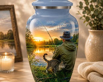 May include: A light blue metal cremation urn featuring a wrap-around graphic of a person in a hat fishing by a lake at sunset with a tabby cat standing in the grass nearby. The urn has a smooth, rounded lid and a polished silver-tone metal band.