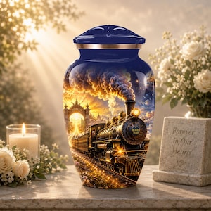 May include: A dark blue cremation urn featuring a detailed graphic of a steam locomotive traveling toward a glowing golden archway labeled Heaven. The train emits thick smoke into a starry sky, and the front of the engine displays the text Heaven Train.