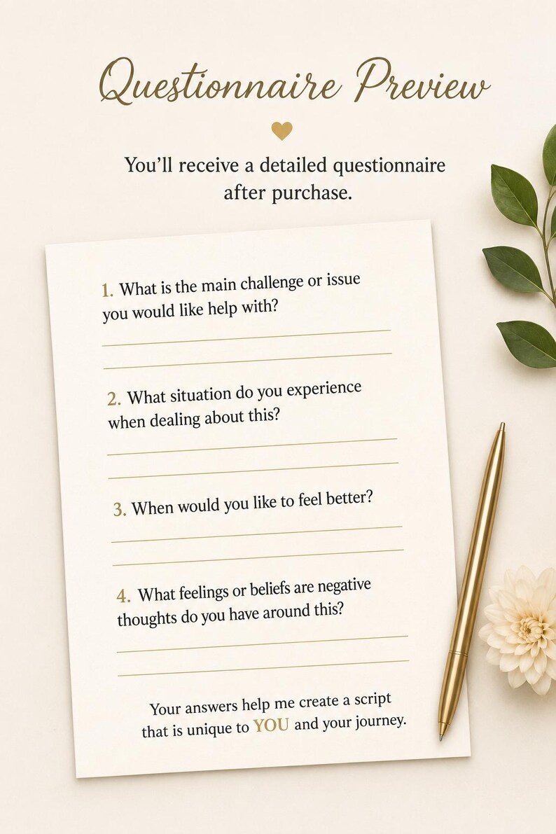 Pu&ograve; includere: Un documento di anteprima del questionario con il titolo Questionnaire Preview e una piccola icona a forma di cuore. Il testo recita: You'll receive a detailed questionnaire after purchase. Elenca quattro domande numerate con righe vuote.