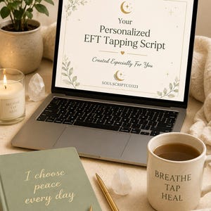 Pu&ograve; includere: Uno schermo di un portatile mostra il testo Your Personalized EFT Tapping Script Created Especially For You SOULSCRIPTCO333 con grafiche di lune e foglie. Un quaderno verde con il testo I choose peace every day e una tazza BREATHE TAP HEAL.