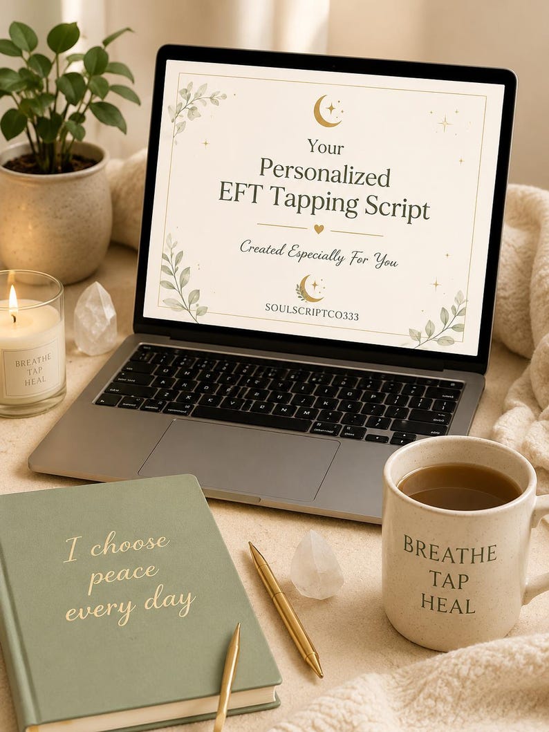 Pu&ograve; includere: Uno schermo di un portatile mostra il testo Your Personalized EFT Tapping Script Created Especially For You SOULSCRIPTCO333 con grafiche di lune e foglie. Un quaderno verde con il testo I choose peace every day e una tazza BREATHE TAP HEAL.