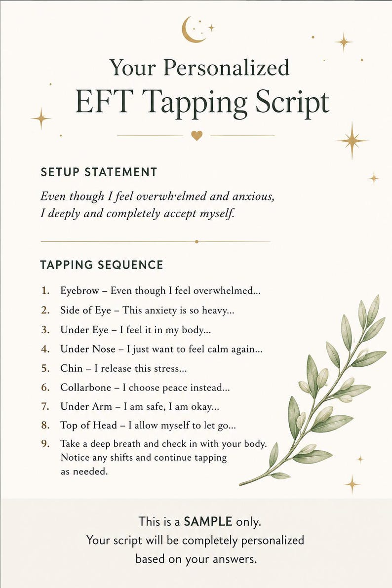 Pu&ograve; includere: Un documento di script per il tapping EFT personalizzato che presenta una dichiarazione di configurazione e una sequenza di tapping in nove passaggi. Testo nero su sfondo crema con accenti dorati a forma di stella e luna e un'illustrazione di foglie ad acquerello.