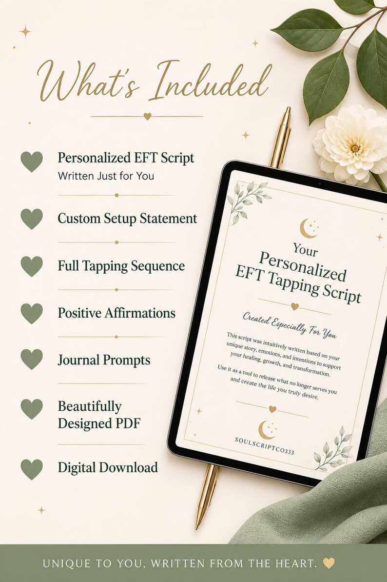 Pu&ograve; includere: Un tablet digitale che mostra uno script di tapping EFT personalizzato con un elenco di elementi inclusi: script EFT personalizzato, dichiarazione di configurazione, sequenza di tapping completa, affermazioni positive, diario e download digitale.
