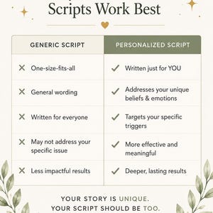 Pu&ograve; includere: Una tabella informativa intitolata Why Personalized Scripts Work Best, che confronta Generic Script con Personalized Script. Elenca cinque punti per ciascuno, usando segni X per generico e segni di spunta per personalizzato, terminando con YOUR STORY IS UNIQUE. YOUR SCRIPT SHOULD BE TOO.