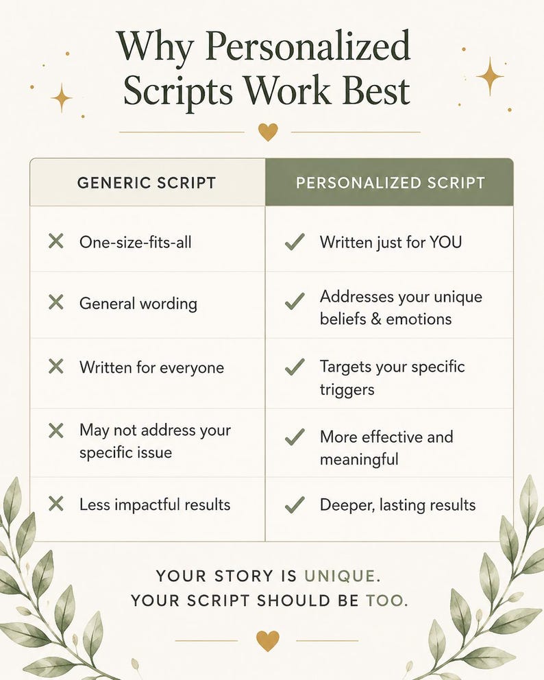 Pu&ograve; includere: Una tabella informativa intitolata Why Personalized Scripts Work Best, che confronta Generic Script con Personalized Script. Elenca cinque punti per ciascuno, usando segni X per generico e segni di spunta per personalizzato, terminando con YOUR STORY IS UNIQUE. YOUR SCRIPT SHOULD BE TOO.