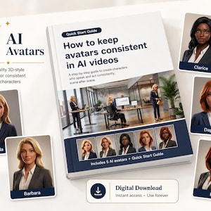Könnte beinhalten: Ein digitaler Leitfaden mit dem Titel How to keep avatars consistent in AI videos, der fünf 3D-Avatare namens Clarice, Daphne, Eva, Amanda und Barbara zeigt. Das Cover zeigt Büroszenen und enthält eine Schaltfläche für den digitalen Download.