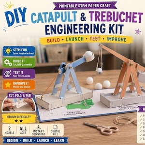 Kit STEM de catapulta y trabuquete para armar uno mismo: proyecto de ingeniería en papel imprimible para niños, actividad científica para la educación en casa.