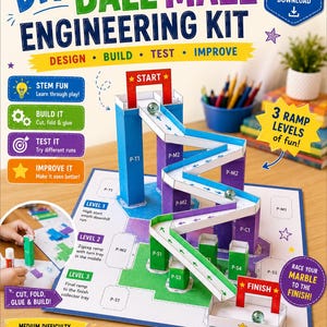 May include: A DIY ball maze engineering kit featuring a printable paper craft project. The set includes a white base with green and blue sections, blue and purple paper pillars, and white ramps with blue arrows. It includes start and finish gates.