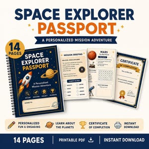 Unterrichtseinheit zum Sonnensystem (druckbare Materialien): Weltraum-Aktivitätenbuch für Kinder im Homeschooling, Arbeitsblätter zum Thema Planeten, Entdeckerpass (Sofortiger PDF-Download)