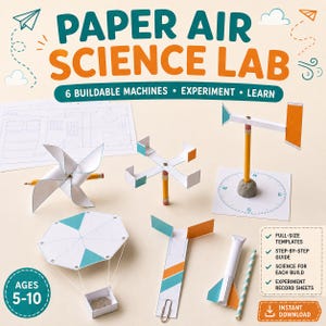 Può includere: Kit Paper Air Science Lab con 6 macchine da costruire, sperimentare e imparare. Include modelli in carta, matite e istruzioni per assemblare vari dispositivi in carta come una girandola, una banderuola e un paracadute.