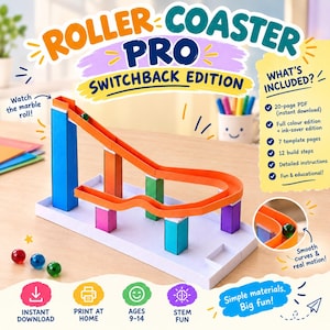 May include: A paper roller coaster model titled Roller Coaster Pro Switchback Edition, featuring orange tracks supported by blue, green, and purple pillars on a white base. Includes three marbles, text details about contents, and assembly instructions.