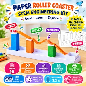 Puede incluir: Un kit de ingeniería STEM de montaña rusa de papel con una pista colorida y torres de soporte azules, naranjas y verdes. El kit incluye 16 páginas de instrucciones, una torre de 8,1 cm de altura y requiere cartulina, una canica de 16 mm, tijeras y cinta adhesiva.