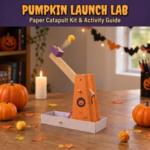 Puede incluir: Un kit de catapulta de papel Pumpkin Launch Lab con guía de actividades, que incluye una estructura de cartón con base de ladrillo, un brazo de lanzamiento de madera y una pequeña cesta morada lanzando una bola de papel amarilla al aire.